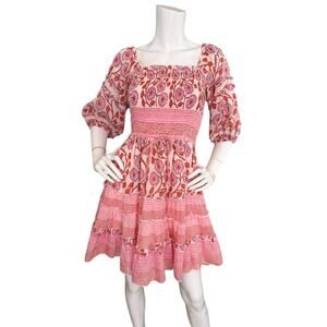 Bell by Alicia Bell Mini Dress Cotton Silk Smocked Puff Sleeve Boho Pink Small